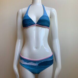 Aaron Chang Vintage NEW Stripe Wave Scenic Photo Print Halter boy leg Bikini